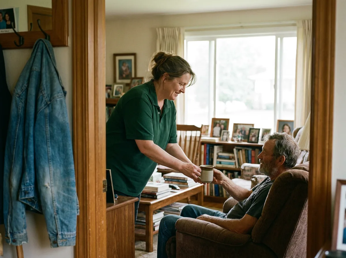 Caregiver in juniper polo and client together, mid-moment that says "24-hour care" — warm window light, lived-in home, never posed