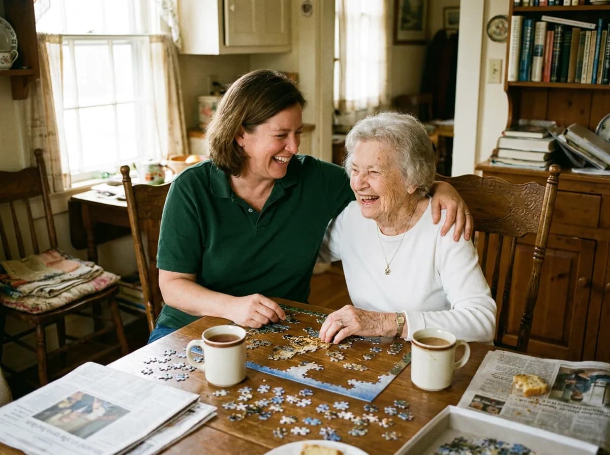 Caregiver in juniper polo and client together, mid-moment that says "companion care" — warm window light, lived-in home, never posed