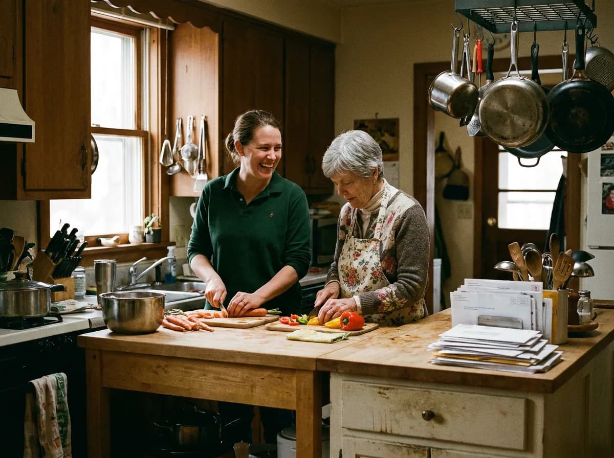 Caregiver in juniper polo and client together, mid-moment that says "live-in care" — warm window light, lived-in home, never posed