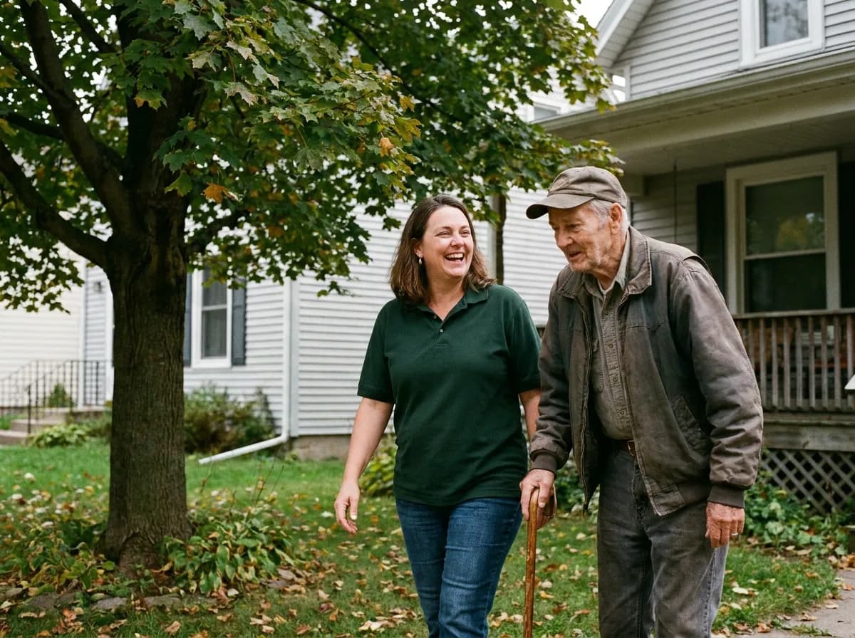 A caregiver and client on a real Cudahy front porch or neighborhood sidewalk, warm light — recognizably local, not stock