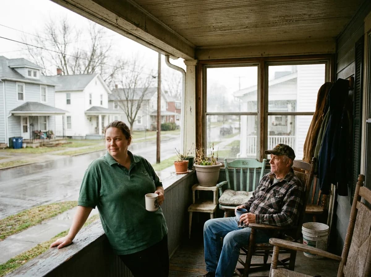 A caregiver and client on a real Franklin front porch or neighborhood sidewalk, warm light — recognizably local, not stock