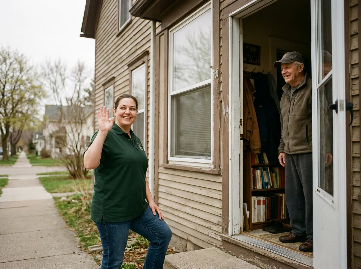 A caregiver and client on a real Glendale front porch or neighborhood sidewalk, warm light — recognizably local, not stock