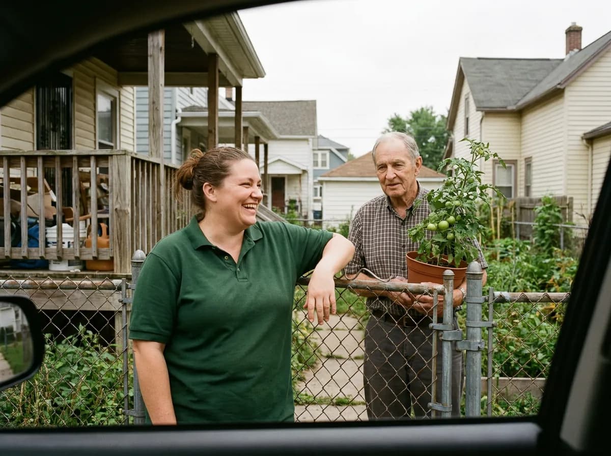 A caregiver and client on a real Greenfield front porch or neighborhood sidewalk, warm light — recognizably local, not stock