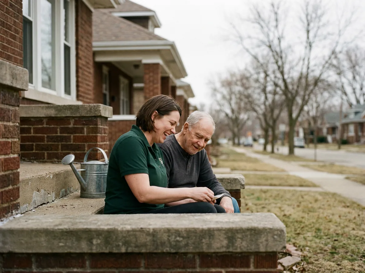 A caregiver and client on a real Oak Creek front porch or neighborhood sidewalk, warm light — recognizably local, not stock