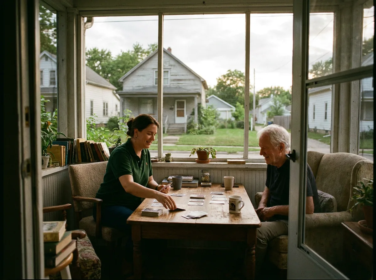 A caregiver and client on a real South Milwaukee front porch or neighborhood sidewalk, warm light — recognizably local, not stock