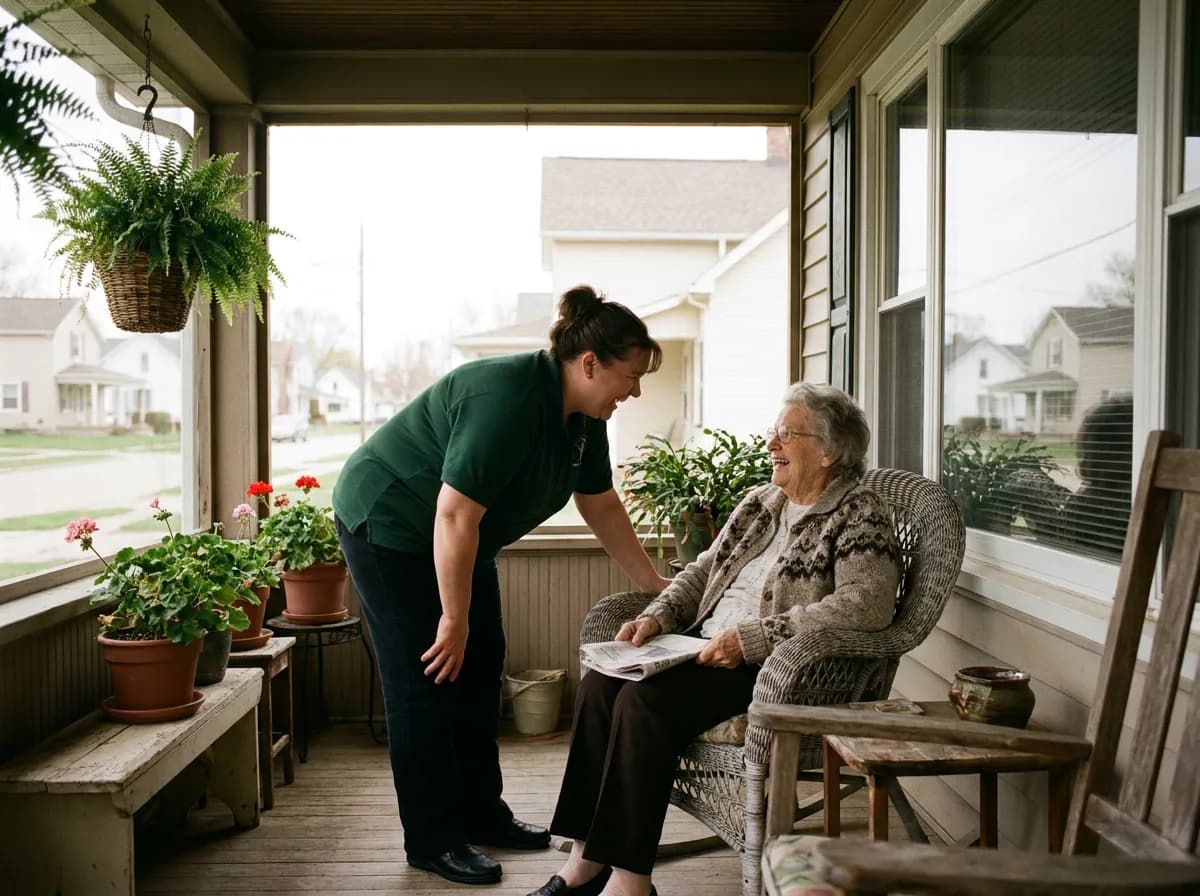 A caregiver and client on a real Wauwatosa front porch or neighborhood sidewalk, warm light — recognizably local, not stock