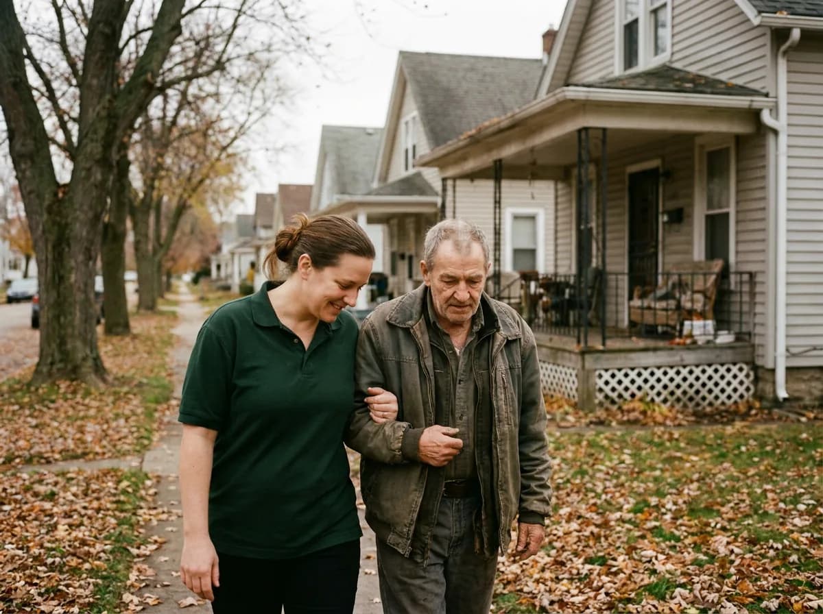 A caregiver and client on a real West Allis front porch or neighborhood sidewalk, warm light — recognizably local, not stock