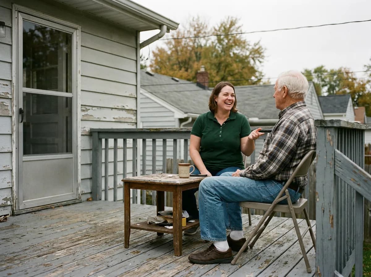 A caregiver and client on a real Whitefish Bay front porch or neighborhood sidewalk, warm light — recognizably local, not stock