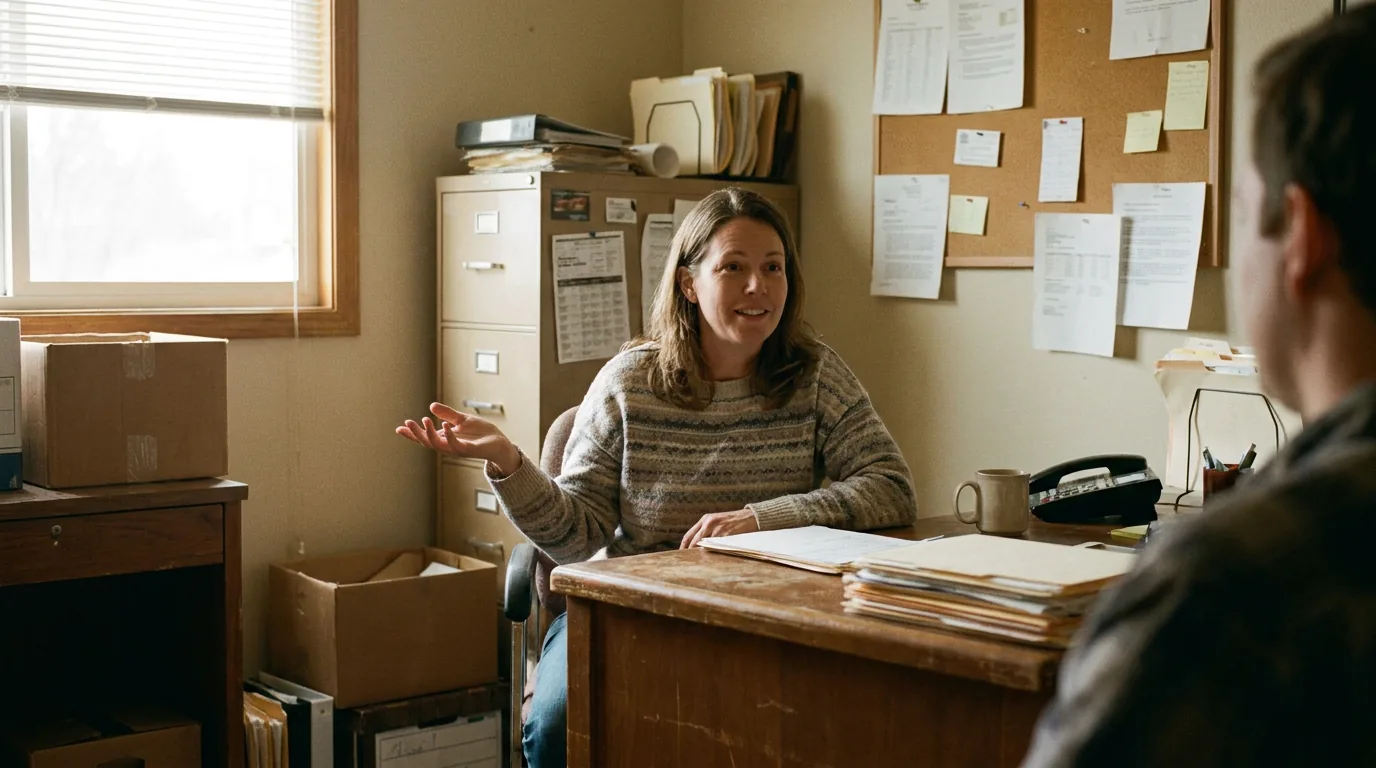 Our care coordinator on the phone at a warm, tidy desk, smiling mid-conversation — approachable, not corporate