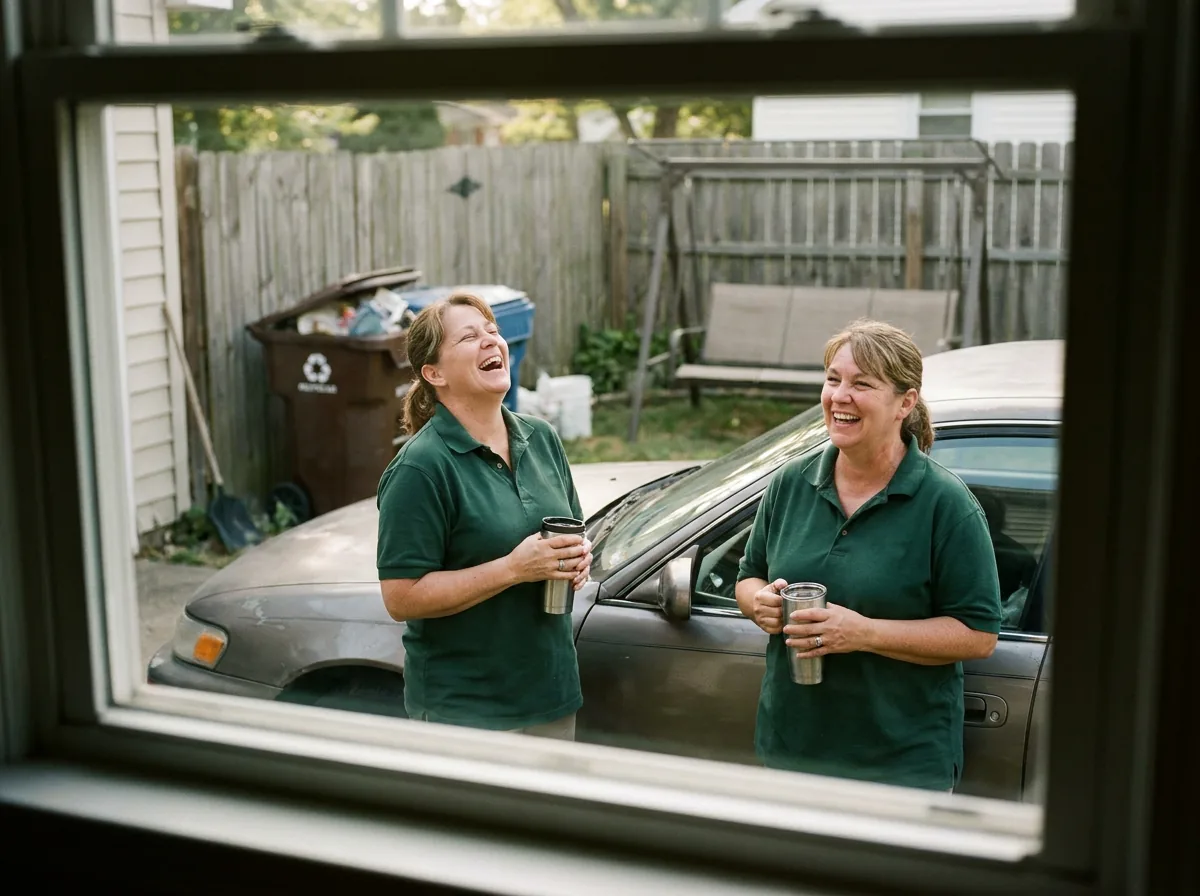 Two caregivers in juniper polos laughing together by a car between visits — real team warmth, daylight, no stock smiles