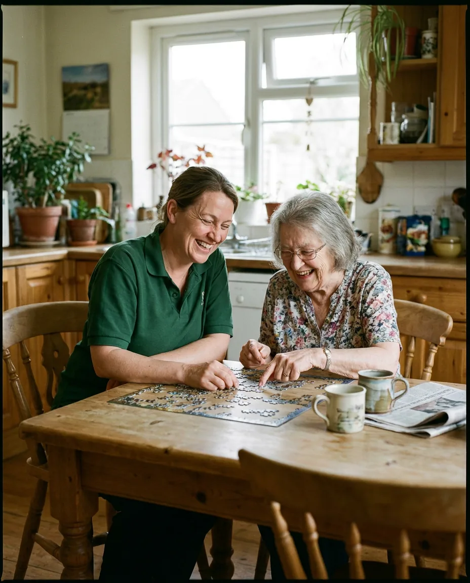 A caregiver in a juniper polo and an older client laughing together over a jigsaw puzzle at a kitchen table, warm window light, lived-in home