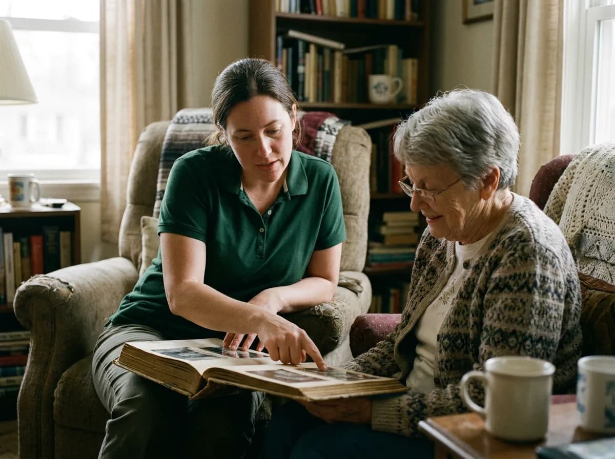 Caregiver in juniper polo and client together, mid-moment that says "dementia & alzheimer's care" — warm window light, lived-in home, never posed
