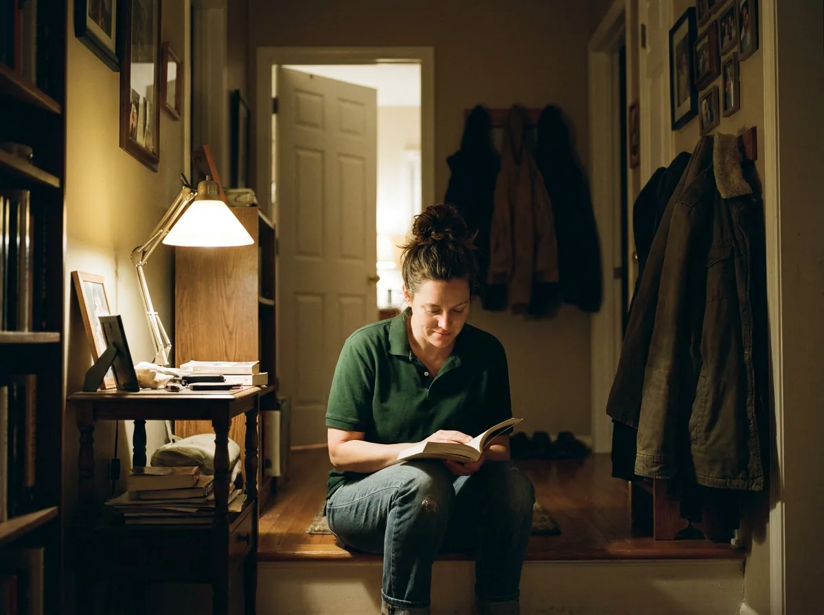 Caregiver in juniper polo and client together, mid-moment that says "overnight care" — warm window light, lived-in home, never posed
