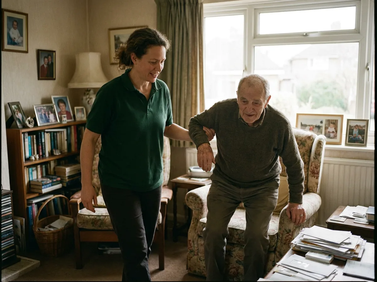Caregiver in juniper polo and client together, mid-moment that says "personal care" — warm window light, lived-in home, never posed