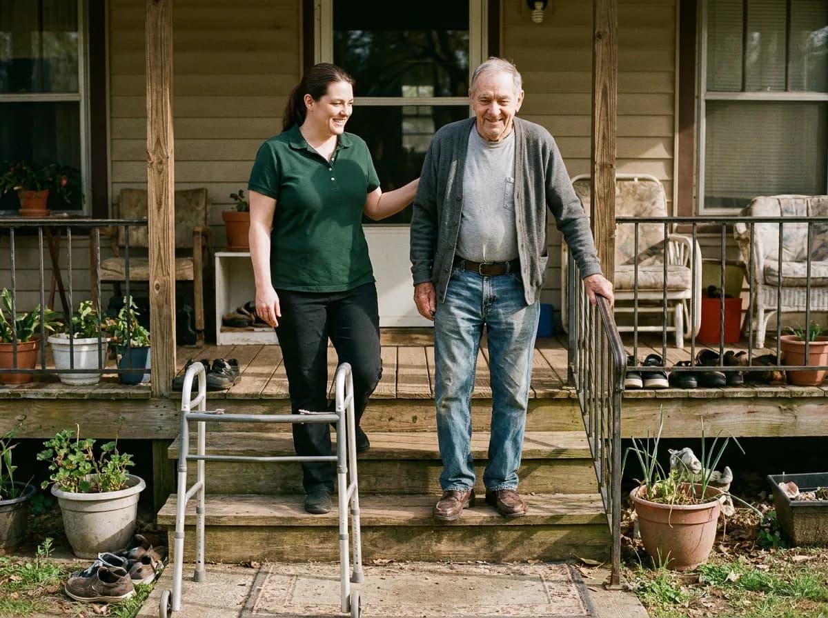 Caregiver in juniper polo and client together, mid-moment that says "post-hospital care" — warm window light, lived-in home, never posed