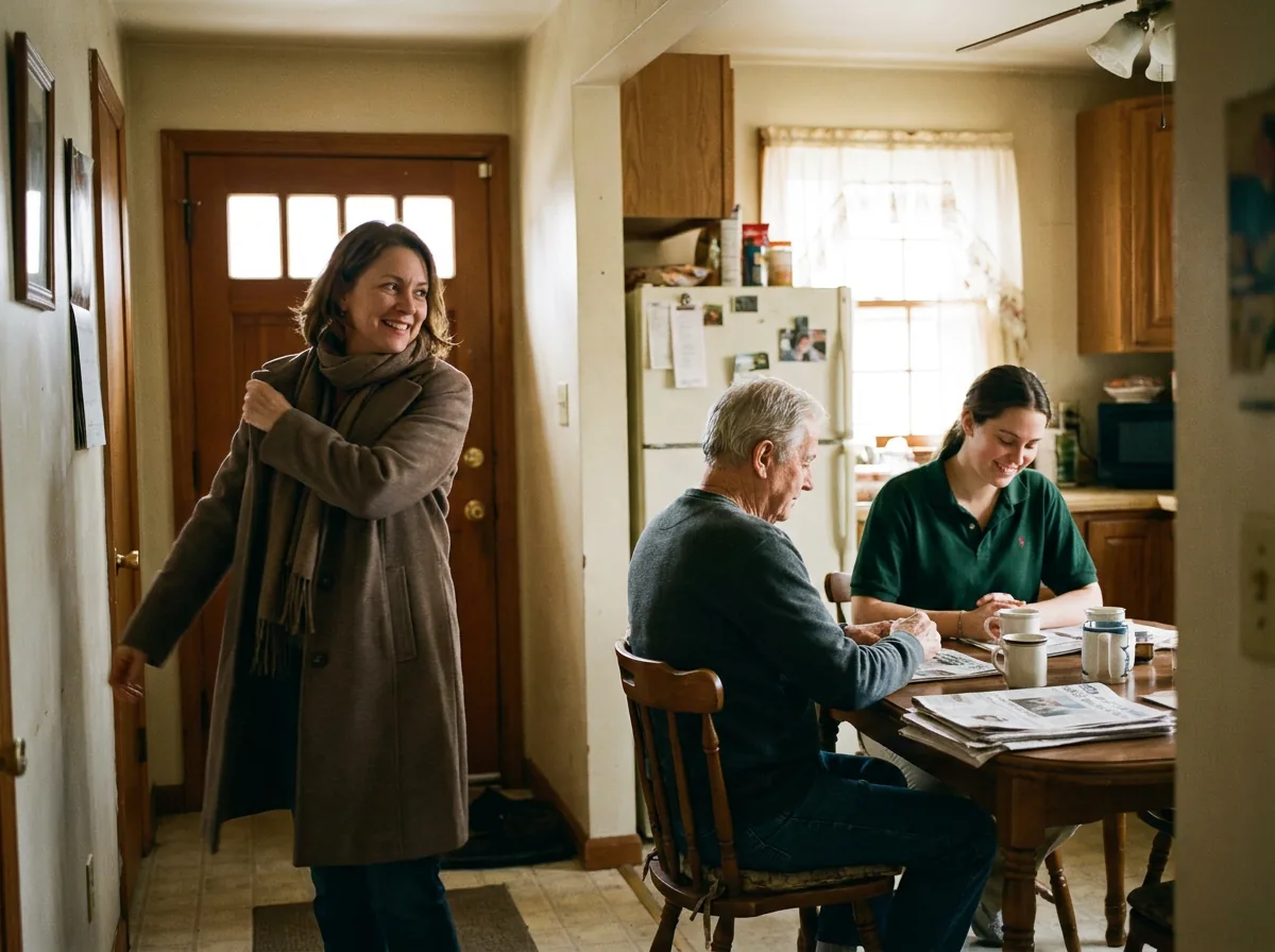 Caregiver in juniper polo and client together, mid-moment that says "respite care" — warm window light, lived-in home, never posed