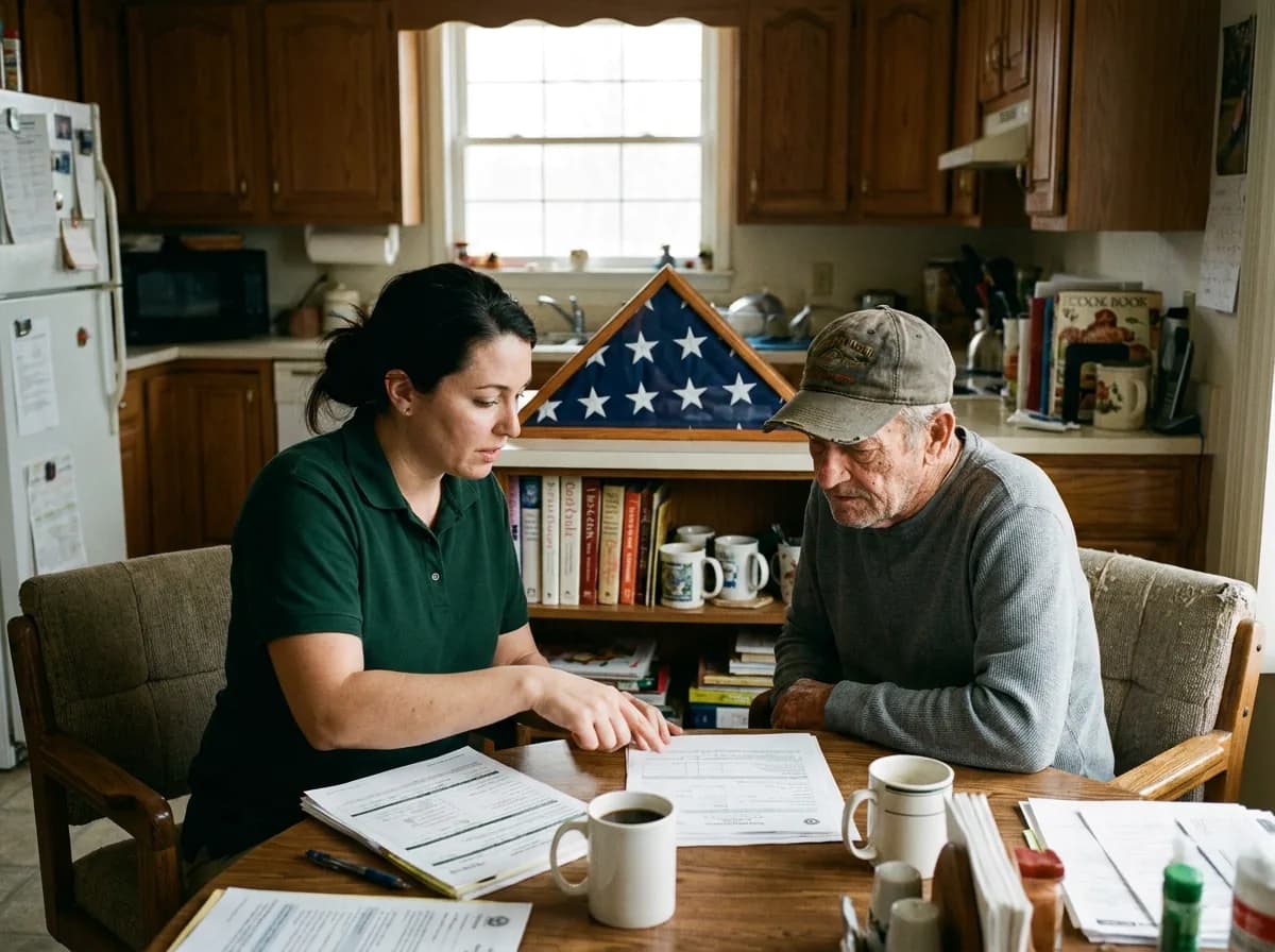 Caregiver in juniper polo and client together, mid-moment that says "veterans home care" — warm window light, lived-in home, never posed